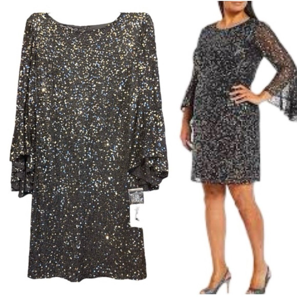 Pisarro Nights Dress 12p Bell Sleeve Sequin Beaded Wedding Party Formal New